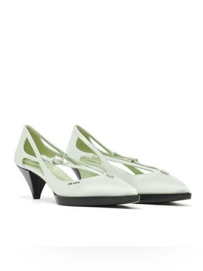NWT PRADA Cut-Out Satin Pumps With Jeweled Ornament Mint Green